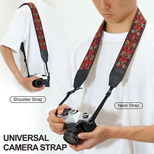 Padwa Lifestyle Camera Strap - 2" Wide Red Vintage Jacquard Embroidery Flower Camera Straps with Genuine Leather Head, Adjustable Neck Shoulder Strap for All Cameras and Men & Women Photographers - Image 4