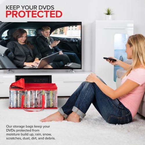 Stock Your Home DVD Storage Bags (Set of 6) Media Organizer Bag for DVDs, CDs, Blu Ray Disc, Movie Cases, VHS Box, Video Game Disks, Clear Plastic Holders with Carrying Handles and Zipper - Red - Image 6