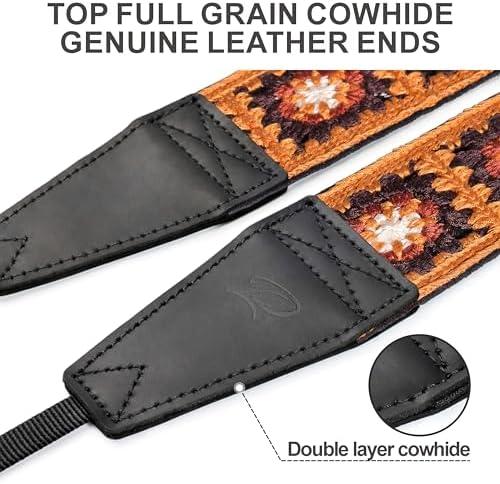 Padwa Lifestyle Yellow Crochet Camera Strap - 2" Full Grain Leather Ends Camera Straps for Photographers, Vintage Embroidered Cotton Soft Suede Fabric Padded Strap with Quick Release fits All Cameras - Image 2