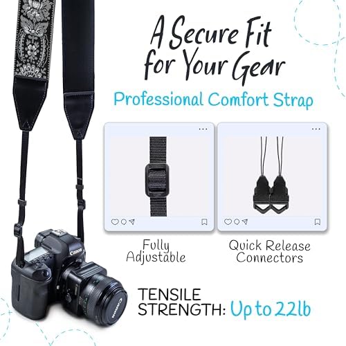 Art Tribute Camera Strap - Shoulder, Crossbody & Neck Camera Strap for Photographers, Fits All Cameras, Canon Nikon Sony Fujifilm, Padded Strap W/Quick Release, Embroidered Cotton & Leather Ends - Image 4
