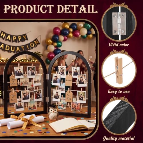Briwooody 2 Panel 24 x 18 Inch Photo Display Rack with Clips Wooden Arched Picture Collage Frames Board for Farmhouse Wedding Postcard Greeting Card Organizer Holder Home Dorm(Black) - Image 3