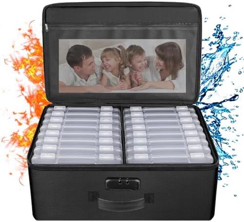 ENGPOW Fireproof Photo Storage Box 5" x 7" Photo Case(Clear),16 Inner Photo Keeper Organizer with Lock, Collapsible Portable Acid-Free Photo Storage Container with Handle for Picture, Valuables by ENGPOW