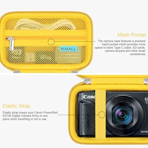 RAIALL Camera Case for Canon PowerShot SX740 HS/ SX730 HS/ SX720 HS/ SX620 HS Digital Camera, 4K Video Camera Hard Carrying Case Protective Travel Bag, Mesh Pocket for Batteries and USB Cable, Yellow - Image 4