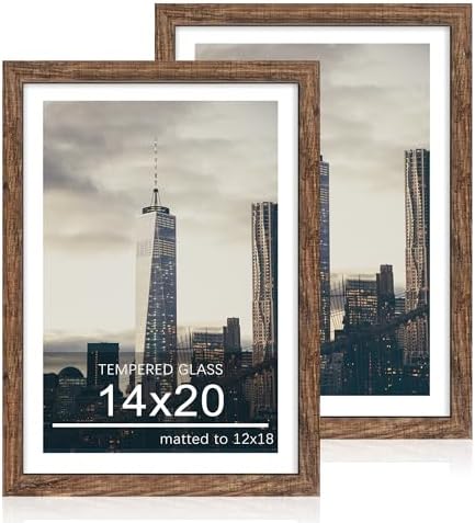 14x20 Poster Frame Set of 2, 14 x 20 Wood Picture Frames with Mat for 12x18, Wooden Photo Frame with Tempered Glass Cover for Wall Mounting Display,Rustic Brown by CCDCC