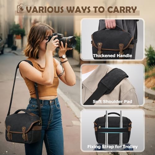 RAINSMORE Canvas Camera Bag, DSLR/SLR/Mirrorless Small Camera Sling Bags Cross-body Camera Case, Compact Shoulder Bag for Photographers with Rain Cover Vintage Sling Bags for Men and Women, Black - Image 6