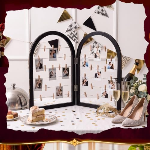 Briwooody 2 Panel 24 x 18 Inch Photo Display Rack with Clips Wooden Arched Picture Collage Frames Board for Farmhouse Wedding Postcard Greeting Card Organizer Holder Home Dorm(Black) - Image 5