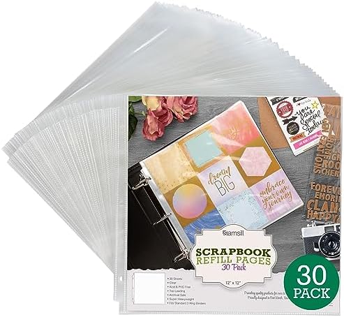 Samsill Scrapbook Refill Pages 12x12 Inch, 30 Pack, Fits 3 Ring Scrapbook Binders and 12x12 Photo Albums, Top-Loading, Heavy-Duty, Holds 2 Pages, Super Clear by Samsill