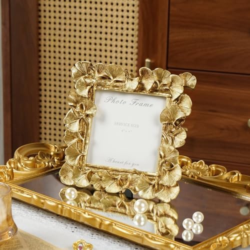 Cuspin 4x4 Picture Frame Small Gold Square Frame, Vintage Ginkgo Leaf - Image 2