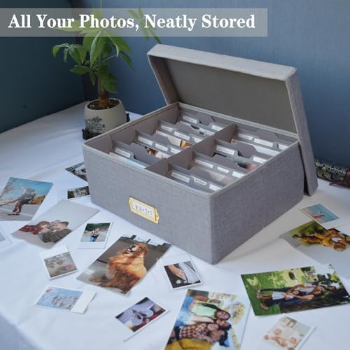 Linen Photo Storage Box – Holds 1700 Photos, Photo Organizer with Lid for Photo, Pictures, 24 Adjustable Dividers & 72 Labels Multi-Use Organizer Memory Box for Envelopes, Baby, Wedding, Cards Grey - Image 2