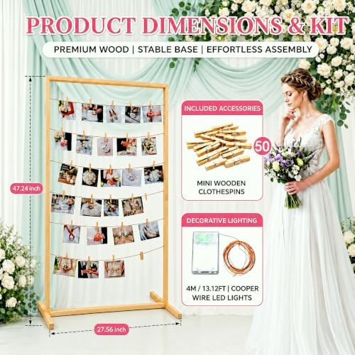 47 Inch Photo Display Stand Wooden with String Lights & 50 Clips - Sturdy Floor Standing Picture Stands, Hanging Photo Display Board for Wedding Reception, Party & Graduation Decorations 2026 (Natural Pine) - Image 2