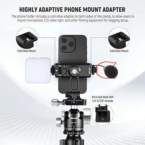 NEEWER Metal Phone Tripod Mount Adapter with Arca QR Base, Cold Shoe, 360° Swivel 180° Tilt, Phone Holder Compatible with iPhone 17 Pro Max 16 15 Samsung Galaxy S25 Ultra S24 - Image 2
