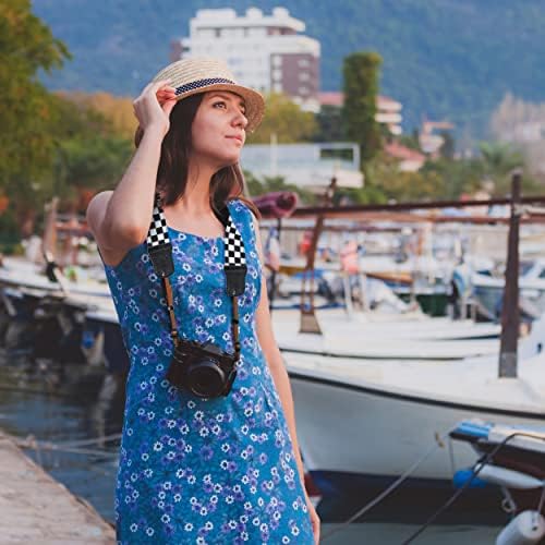 Padwa Lifestyle Black and White Plaid Camera Strap - 2" Wide Double Layer Cowhide Head,Cotton Camera Shoulder Straps,Grid Pattern Adjustable Camera Neck Strap for all Cameras,Gift for Photographers - Image 4