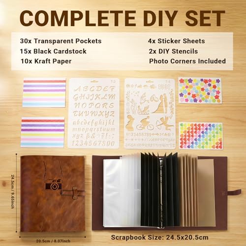 Vintage PU Leather DIY Scrapbook, 6-Ring Refillable 180° Lay Flat Photo Album Holds 220 4x6 Photos, 25 Blank Pages, Gift for Wedding Baby Travel Family - Image 2