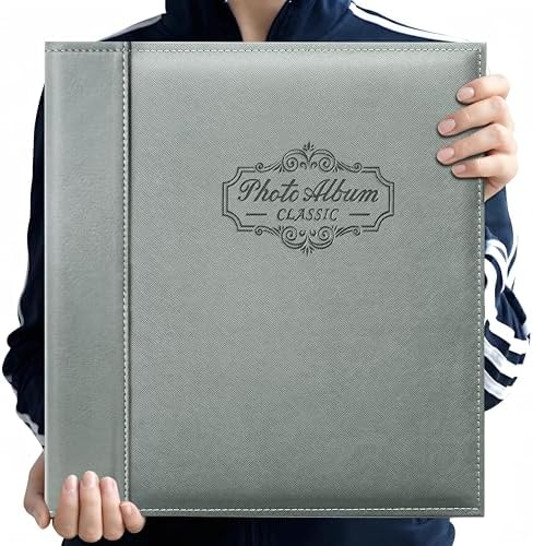 Photo Album Holds 3X5, 4X6, 5X7, 6X8, 8X10 Photos, Leather Cover, Magnetic Self-Stick Page, Hand Made DIY Albums (Gray, Large) by ZoviewArt