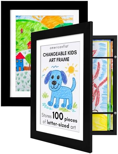 Americanflat - 2 Pack - Kids Artwork Frame Changeable (Black) - Magnetic Door Holds 100 Art Pieces - 8.5x11 Letter Size Display with Mat or 10x12.5 Without Mat - My Mini Masterpiece by Americanflat