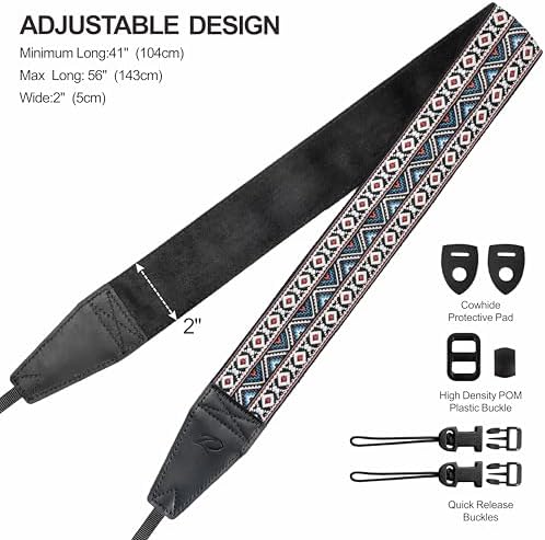 Padwa Lifestyle Boho White Camera Strap - 2" Full Grain Leather Ends Camera Straps for Photographers, Vintage Embroidered Cotton Weave Soft Suede Fabric Padded Strap Quick Release fits All Cameras - Image 6