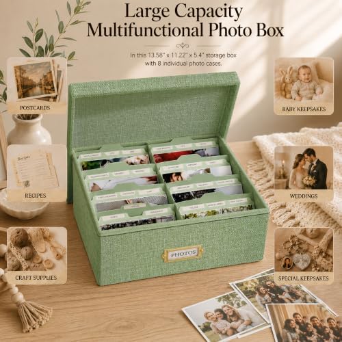 Linen Photo Storage Box, Large Organizer Box, Holds 1700 Picture, Green - Image 5