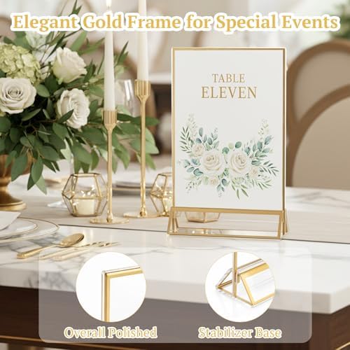 EHWINE 6 Pack Acrylic Sign Holder 5 x 7, Double Sided Gold Picture Frame Stand up Table Top Sign Holders, Clear Display Stand Menu Flyer Holder for Wedding Party - Image 4