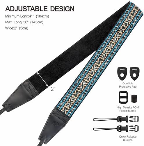 Padwa Lifestyle Boho Blue Camera Strap - 2" Full Grain Leather Ends Camera Straps for Photographers, Vintage Embroidered Cotton Weave Soft Suede Fabric Padded Strap Quick Release fits All Cameras - Image 6