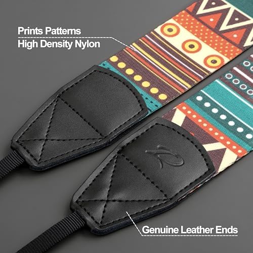 Padwa Lifestyle Bohemian Camera Strap - 2" Wide Genuine Leather Ends Camera Straps for Photographers, Vintage Boho Print Nylon Weave Strap with Camera Quick Release fits All Cameras - Image 2