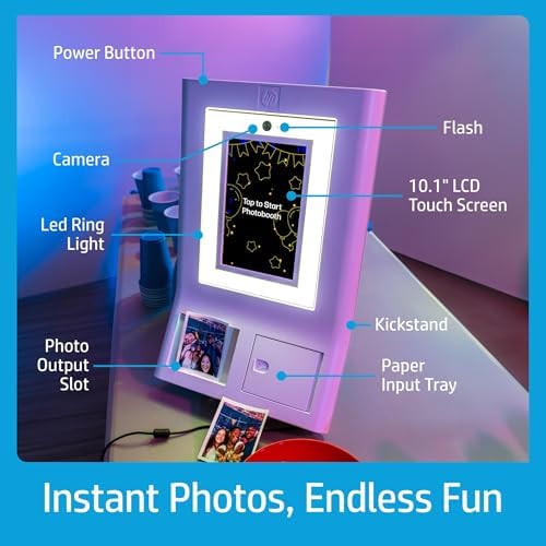 HP Sprocket Photo Booth Machine Instant Color Photo Printer - 10.1" Touchscreen Photobooth, LED Ring Light - Customize w/ 250+ Frames, Prints on 3x4 Zink Paper or Share via QR Code, Mobile App - White - Image 4