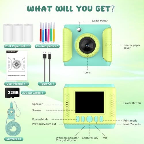 Kids Instant Print Camera,Christmas Birthday Gifts for Girls and Boys,1080P HD Video Digital Kids Camera with Print Paper&32G Card,Toddler Toy for 3-14 Years Old (Green) - Image 6