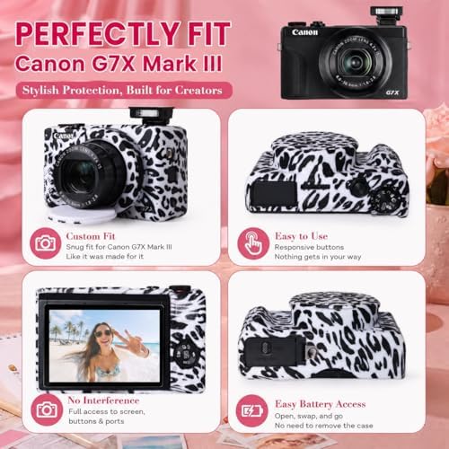 Cute Camera Case for Canon G7X Mark III,Silicone Protective Cover with Removable Lens Cap,Bracelet Wrist Strap & 2 Pack Tempered Glass Screen Protector for Women (White Leopard) - Image 5