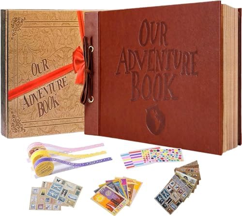 Adventure Book Handcrafted 11.92 x 7.62" Leather-Bound Scrapbook with 80 Pages, Embossed Lettering, Inspired by 'Up', Ideal for Photos, Weddings&Travel Memories Gift Box Included (Leather Scrapbook) by FEIYUBUY