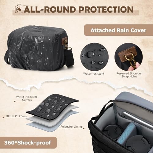 RAINSMORE Canvas Camera Bag, DSLR/SLR/Mirrorless Small Camera Sling Bags Cross-body Camera Case, Compact Shoulder Bag for Photographers with Rain Cover Vintage Sling Bags for Men and Women, Black - Image 4