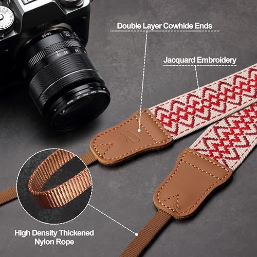 Padwa Lifestyle Camera Strap - 1.5" Crazy Horse Cowhide Head Cotton Strap,Vintage Embroidery Camera Straps for Photographers and All Cameras,Cute Adjustable Shoulder Neck Strap for Adults & Kids - Image 2
