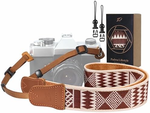 Padwa Lifestyle Diamonds Camera Strap - 1.5" Crazy Horse Cowhide Ends Camera Straps for Photographers, Cute Cotton Weave Soft Suede Fabric Padded Strap fits All Cameras for Adults & Kids by PadwaLifestyleCameraStrap