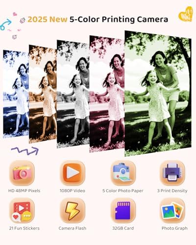 Kids Color Instant Print Camera – Kids Camera with 5 Color Photo Paper, 48MP & 1080P Video, 21 Fun Frames, 32G Card, Christmas/Birthday Gifts for Girls and Boys Ages 3 4 5 6 7 8 9 10 11 12 - Black - Image 2
