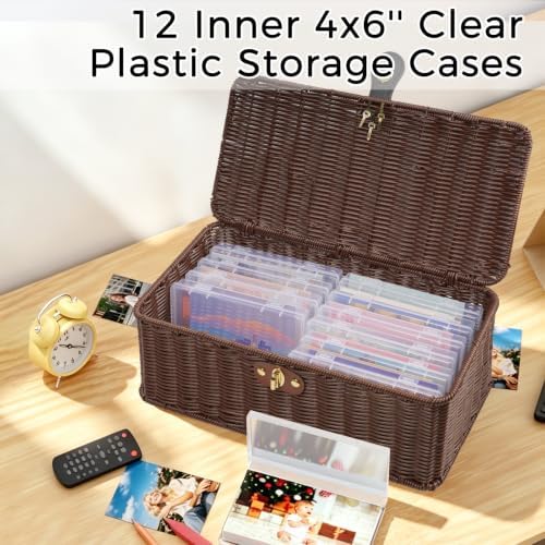 Decorative Photo Storage Box with 12 Plastic Cases for 4x6 Photos, Coffee - Image 2