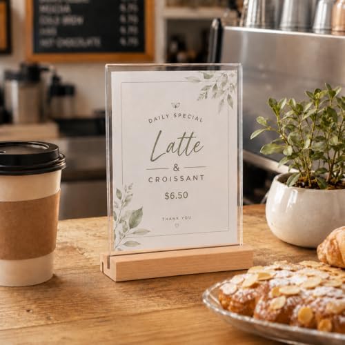 5x7 Acrylic Sign Holder with Beech Wood Base, 6 Pack Clear Double-Sided Tabletop Sign Display Stand, Dual-Use L/T Base for Menu, Wedding Table Number, Photo, Flyer and Retail Display (6, 5x7) - Image 4