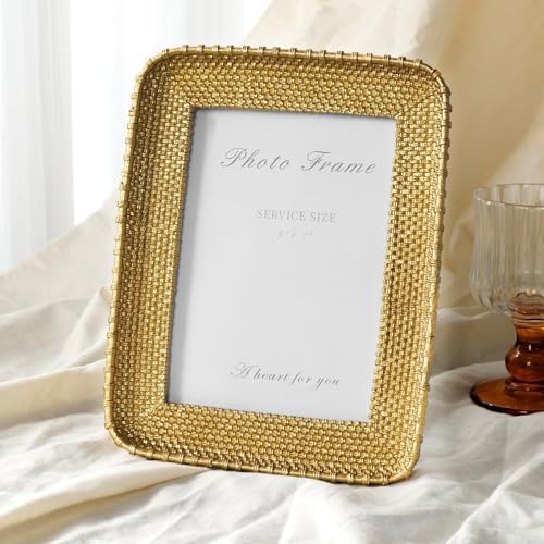 Cuspin Vintage Gold 5x7 Picture Frame, Gold Metal Rattan Textured Hand-Crafted Photo Frame with Glass Front Antique Picture Frame for Tabletop Display & Wall Display, Retro Design Home Decor - Image 5