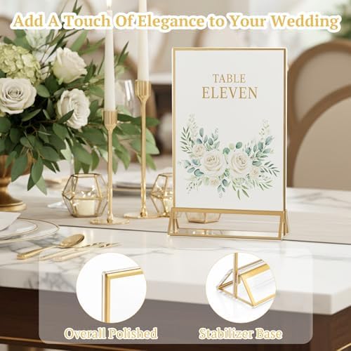 EHWINE 2 Pack Acrylic Sign Holder 5 x 7, Double Sided Gold Picture Frame Stand up Table Top Sign Holders, Clear Display Stand Menu Flyer Holder for Wedding Party - Image 2