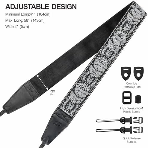Padwa Lifestyle Gray Flower Camera Strap - 2" Full Grain Leather Ends Camera Straps for Photographers, Vintage Embroidered Cotton Weave Soft Suede Fabric Padded Strap Quick Release fits All Cameras - Image 6