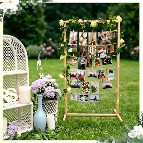 47 Inch Photo Display Stand Wooden with String Lights & 50 Clips - Sturdy Floor Standing Picture Stands, Hanging Photo Display Board for Wedding Reception, Party & Graduation Decorations 2026 (Natural Pine) - Image 6