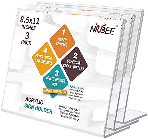 NIUBEE Acrylic Sign Holder 8.5 x 11 Horizontal L-Shape Flyer Stand 3 Pack by NIUBEE