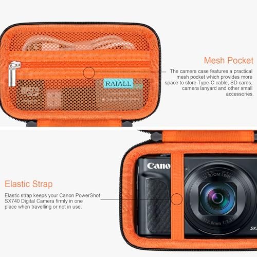 RAIALL Camera Case for Canon PowerShot SX740 HS/ SX730 HS/ SX720 HS/ SX620 HS Digital Camera, Hard Carrying Case Protective Travel Bag, Mesh Pocket for Batteries and USB Cable, Black+Orange - Image 4