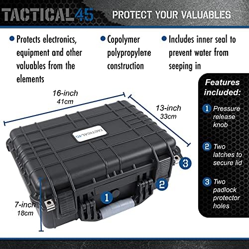 Tactical45 Hard Case with Foam - 16 x 13 x 7in Hard Shell Waterproof Storage Case with Pluck Padding Protective Latching Suitcase for Rifles, Cameras, Handguns, Drones, Guitars, and Electronics - Image 4