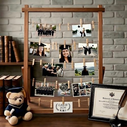 2026 Graduation Decorations Freestanding Wooden Photo Display Board with Clips - Class of 2026 Graduation Centerpiece Table Decorations,Large Picture Frame Collage Holds 30+ Photos (Walnut) - Image 3