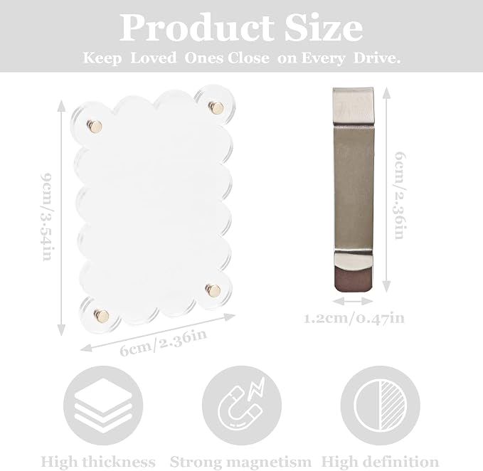 2Pcs Magnetic Car Visor Photo Holder, Scalloped Transparent, 2.4 x 3.5 in | Clear Acrylic Car Picture Frame, Personalized Picture Frame Clip for Sun Visor, For Family, Pets, Travel Photos - Image 2