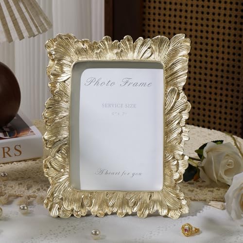 Cuspin 5x7 Picture Frame Gold Vintage Palm Leaf Textured Resin Frame - Image 3