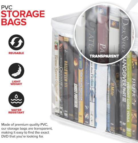 Stock Your Home DVD Storage Bags (Set of 4) Media Organizer Bag for DVDs, CDs, Blu Ray Disc, Movie Cases, VHS Box, Video Game Disks, Clear Plastic Holders with Carrying Handles and Zipper - White - Image 3