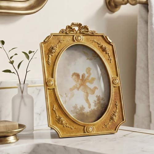 Cuspin 5x7 Vintage Picture Frame Antique Gold Bow Oval Resin Photo Frame - Image 6