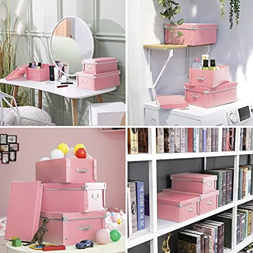 SEEKIND Storage Box, Decorative Storage Bins with Lid,3 in 1 Set,Plastic,with Handles,Press-Stud Fastening,Moisture-proof,Foldable for Space Saving Storage,for Clothes,Cosmetic,Blankets (Pink) … … - Image 3