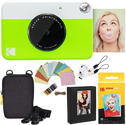 Kodak Printomatic Instant Camera Bundle (Green) Zink Paper (20 Sheets) - Case - Photo Album - Hanging Frames. by Unknown