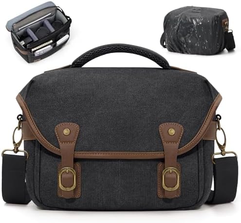 RAINSMORE Canvas Camera Bag, DSLR/SLR/Mirrorless Small Camera Sling Bags Cross-body Camera Case, Compact Shoulder Bag for Photographers with Rain Cover Vintage Sling Bags for Men and Women, Black by RAINSMORE