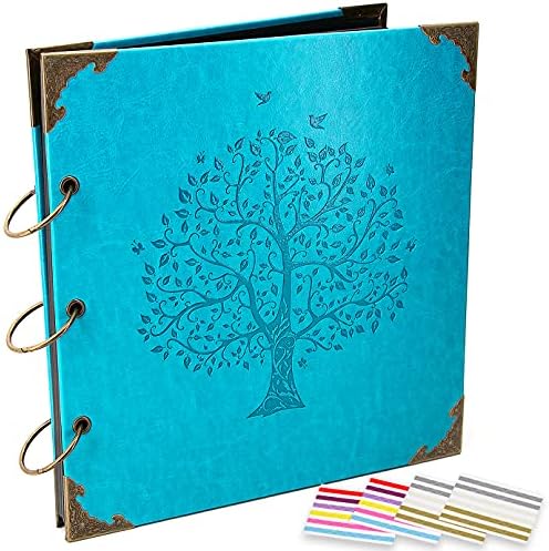 Photo Album DIY Scrapbook, 10x10 inch 50 Pages Vintage Leather Cover Three-Ring Binder Picture Booth Albums + 9 Colors 408pcs Self Adhesive Photos Corners for Memory Keep (Family Tree, Cyan) by ADVcer